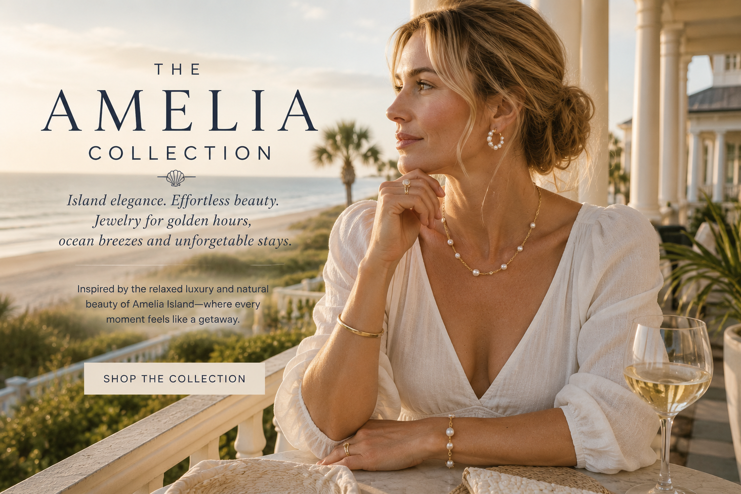 The Amelia Collection by Waverly James Coastal, inspired by Amelia Island resort elegance, pearls and golden-hour coastal style
