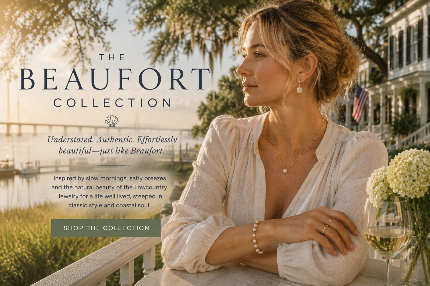 The Beaufort Collection by Waverly James Coastal, inspired by Lowcountry marshes, porches and timeless pearl jewelry