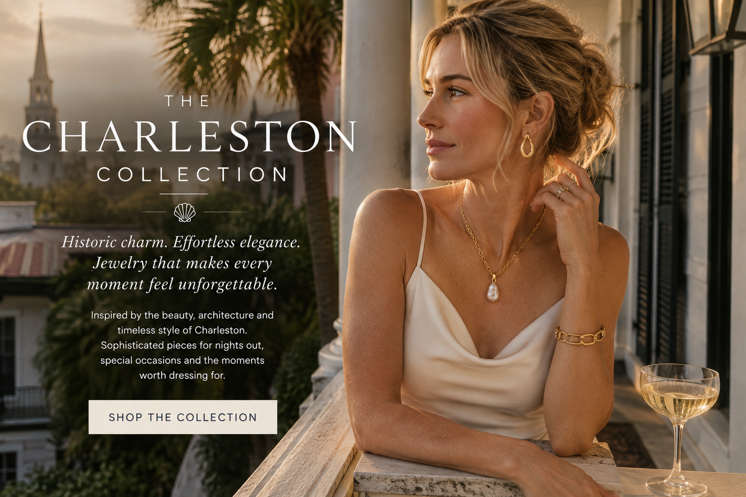 The Charleston Collection by Waverly James Coastal, inspired by historic Charleston elegance, statement gold and evening style