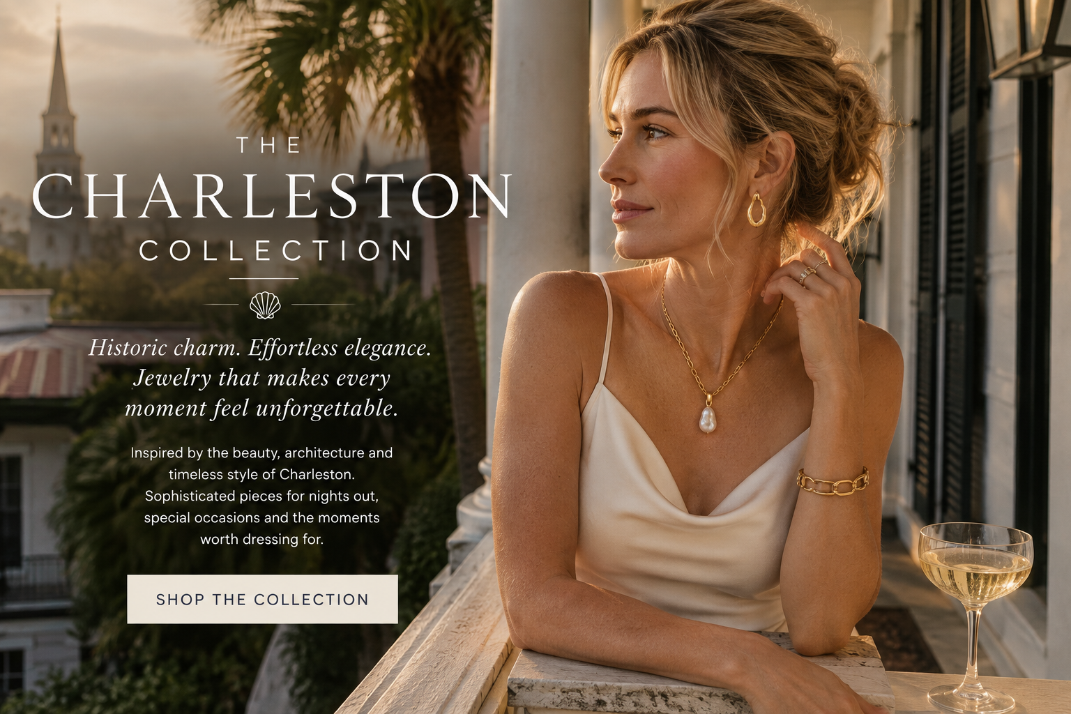 The Charleston Collection by Waverly James Coastal, inspired by historic Charleston elegance, statement gold and evening style