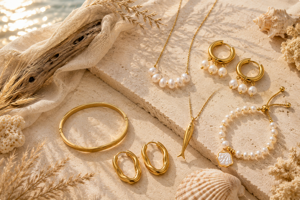 Waverly James Coastal Collection jewelry styled in warm coastal light