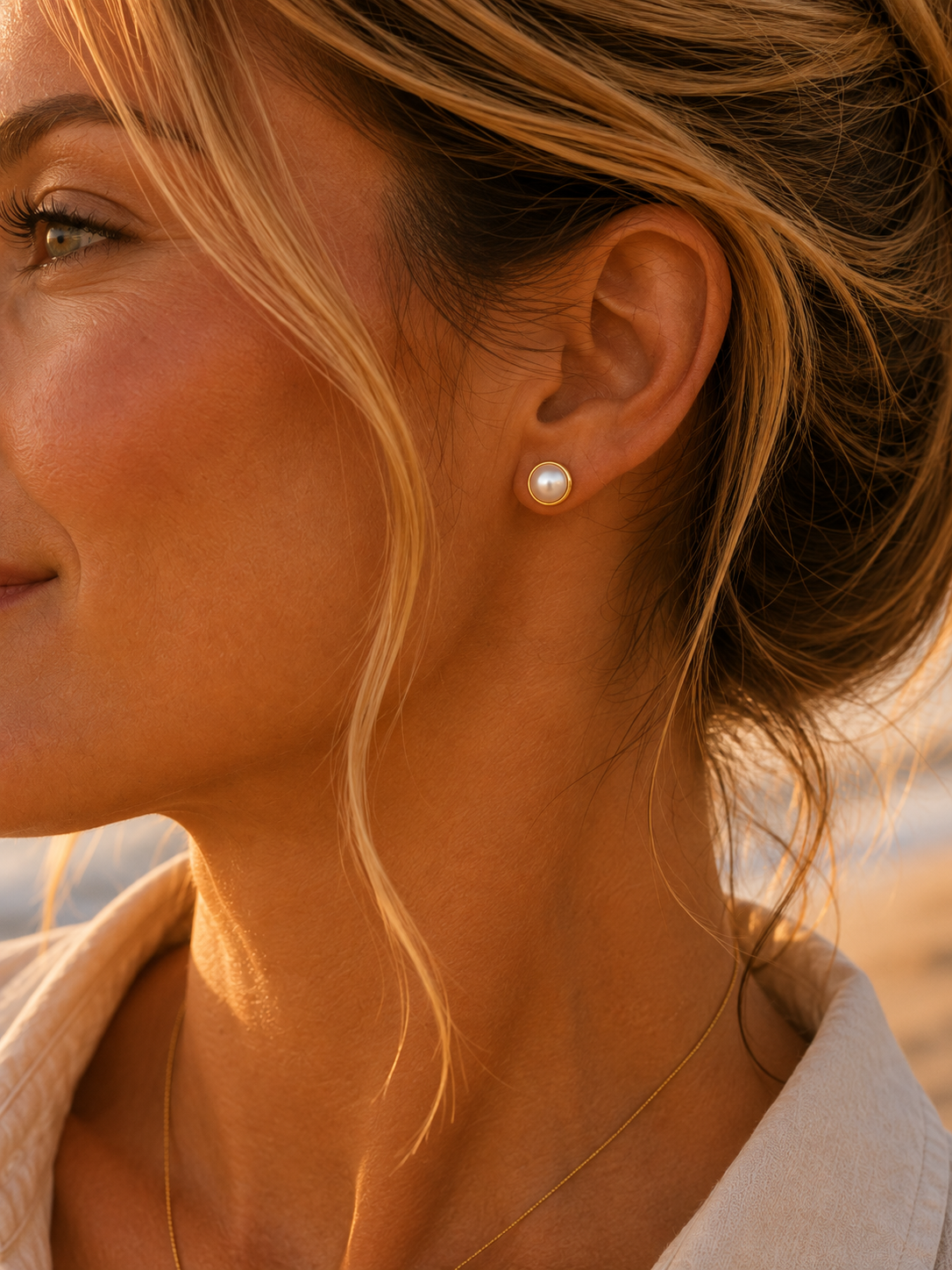 Gold-tone pearl stud earrings worn on model at the beach