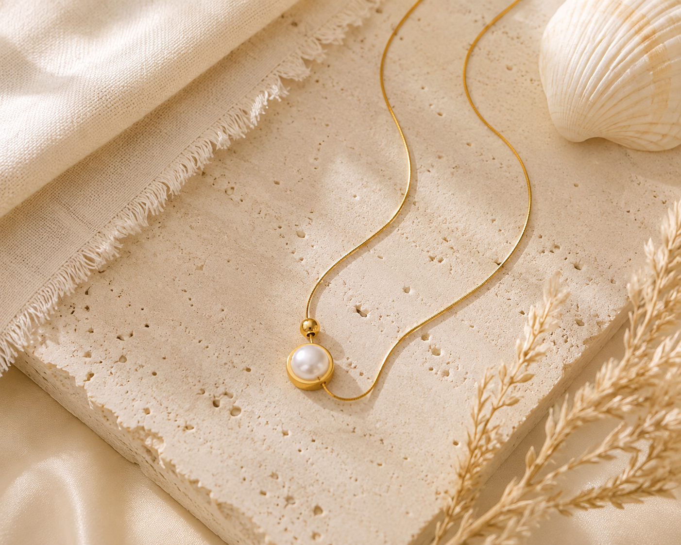 Gold pearl necklace styled in a coastal flat lay