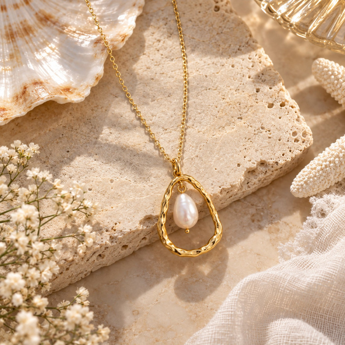 Gold organic frame pearl pendant necklace flat lay