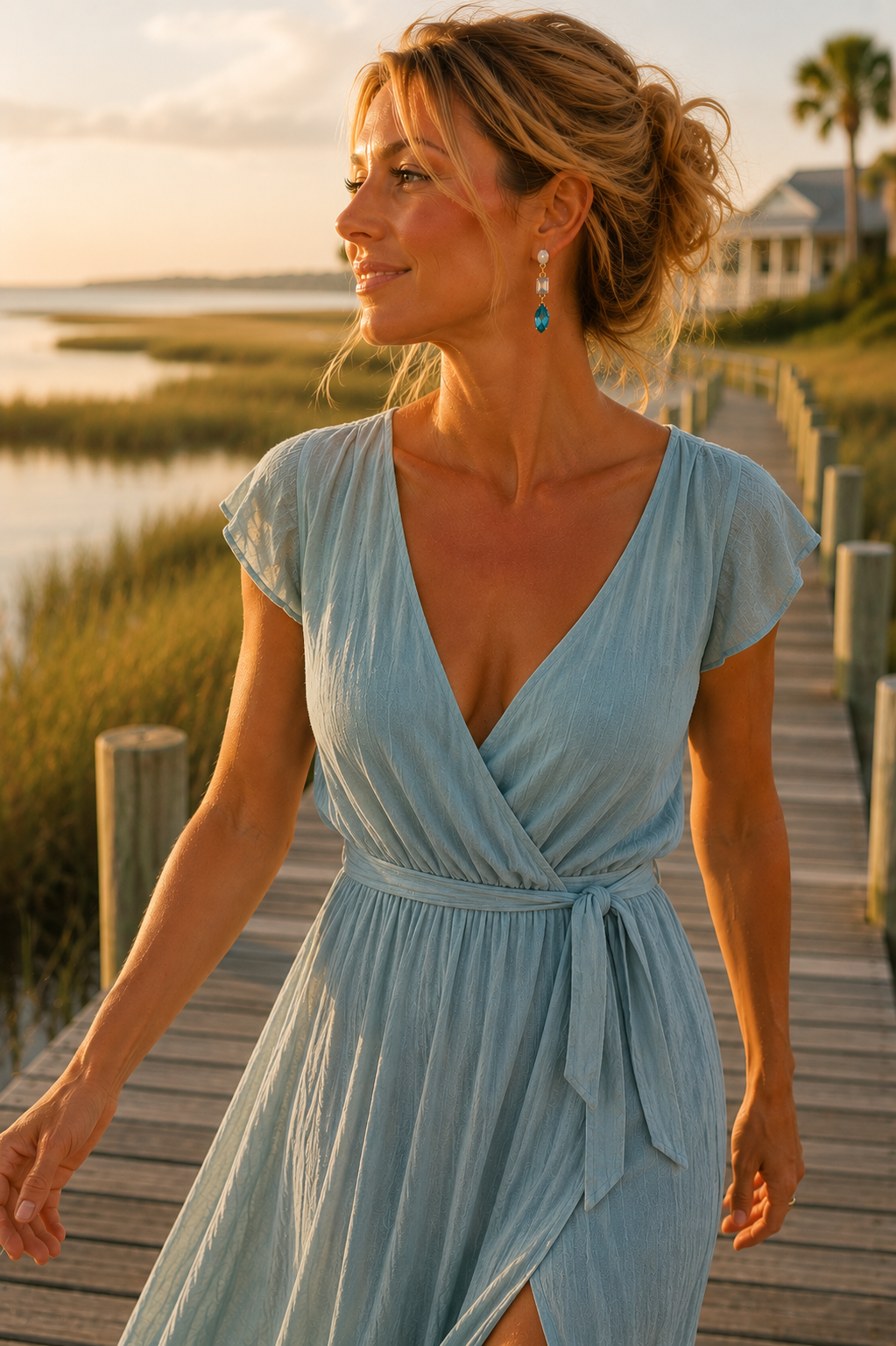 Bluewater earrings worn on a coastal boardwalk at golden hour