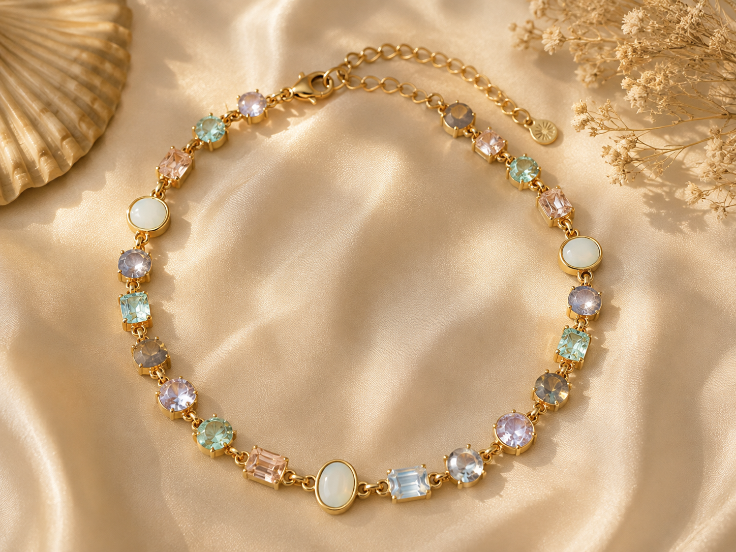 The Sea Glass Necklace styled on champagne satin with coastal accents