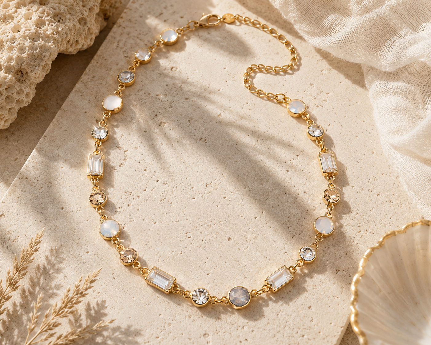 The Sea Mist Necklace coastal flat lay