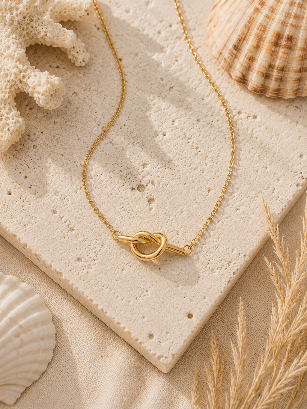 The Tybee Knot Necklace styled in a warm coastal flat lay