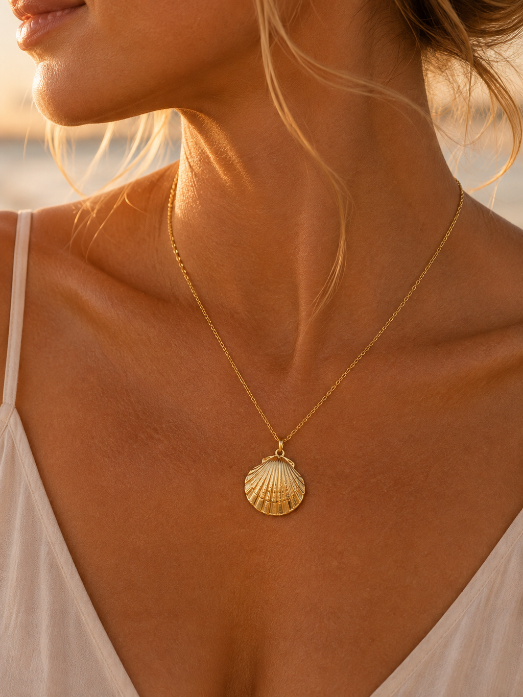 Close-up of delicate gold scallop shell pendant necklace